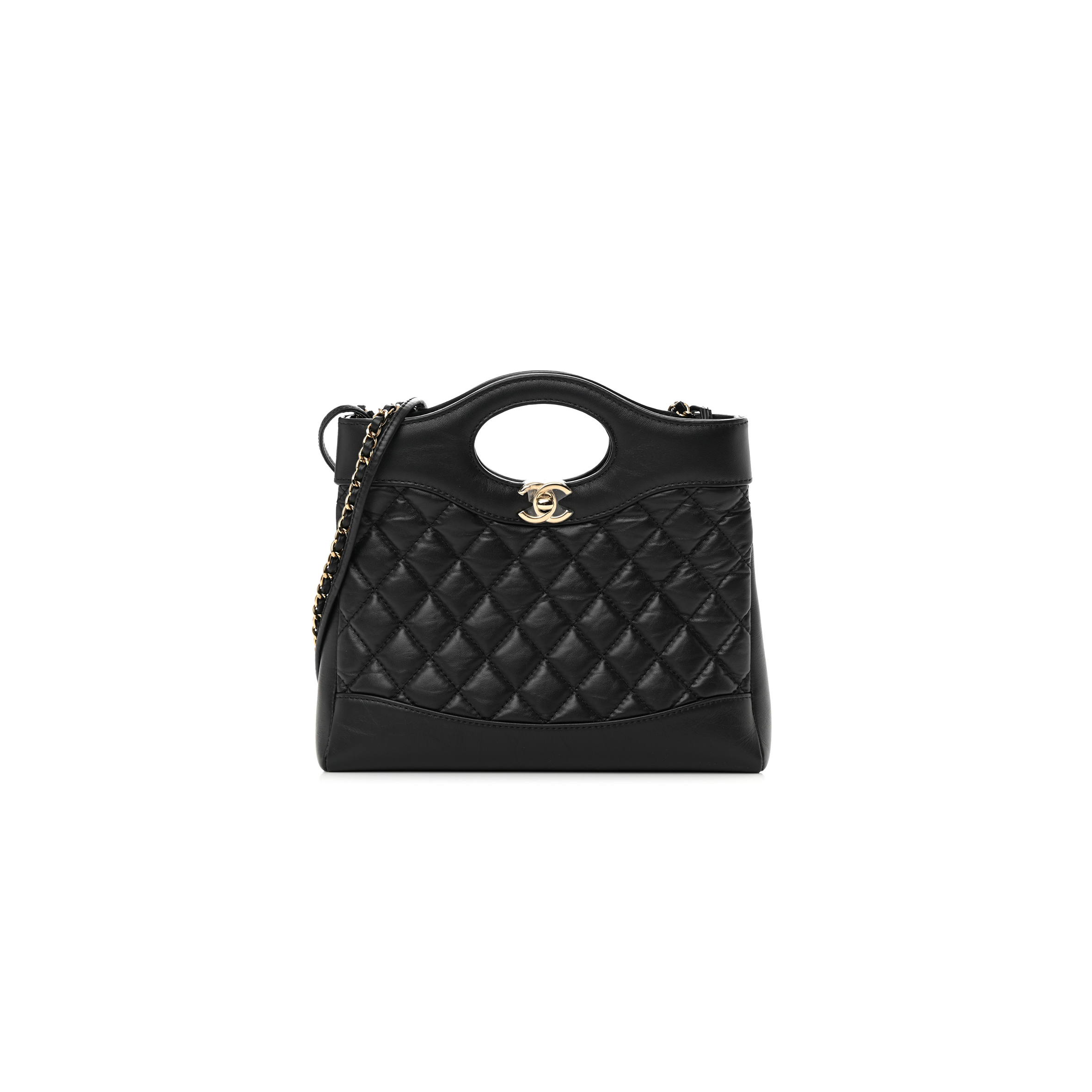 Ch*el master shiny crumpled calfskin quilted mini 31 shopping bag black (24.5*22*5.5cm)